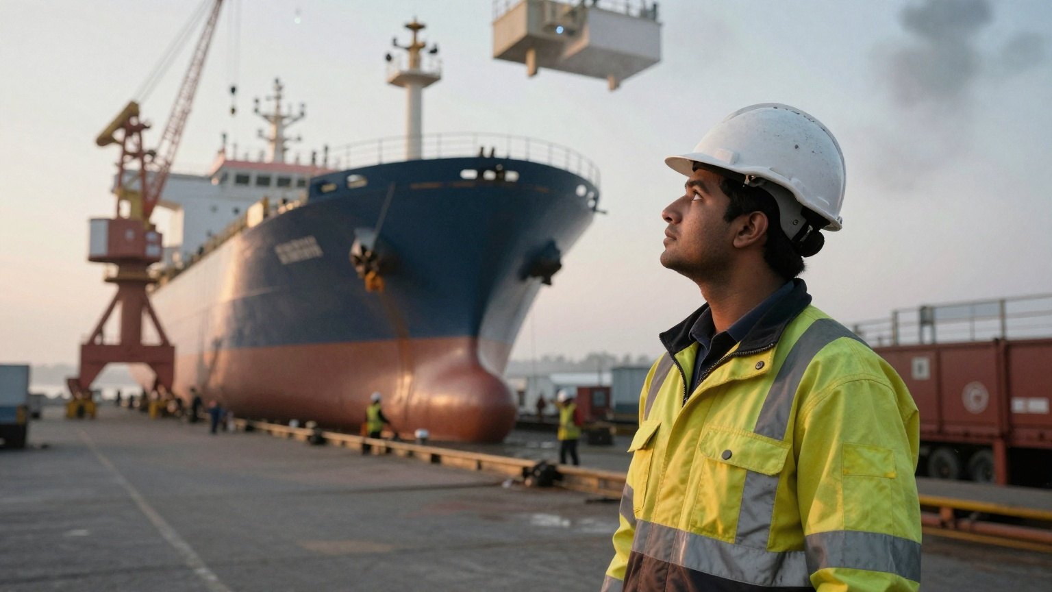 A site engineer in a hard hat at a shipyard
