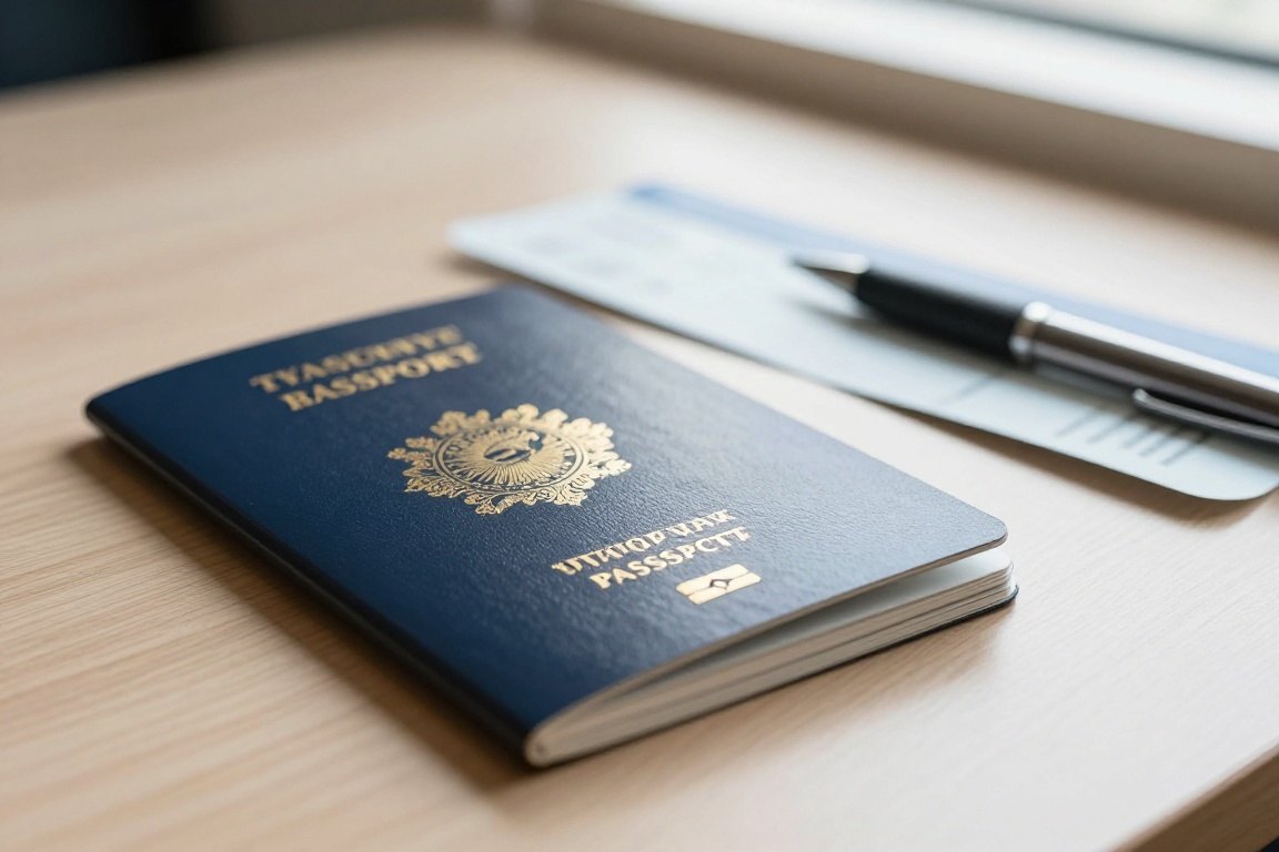 A passport and documents on a desk